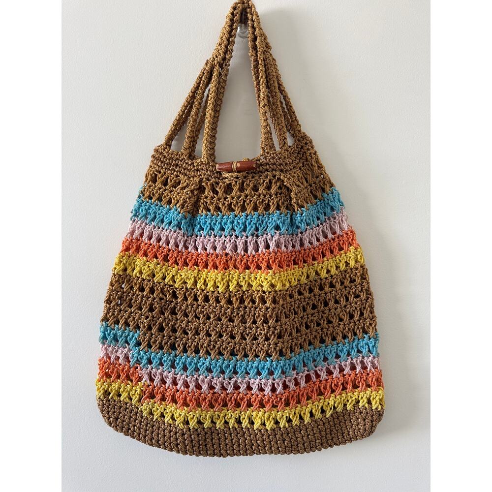 Boho Chic Crochet Festival Tote Bag Multicolor Stripe Beach Market Bag Cottage - Picture 2 of 6